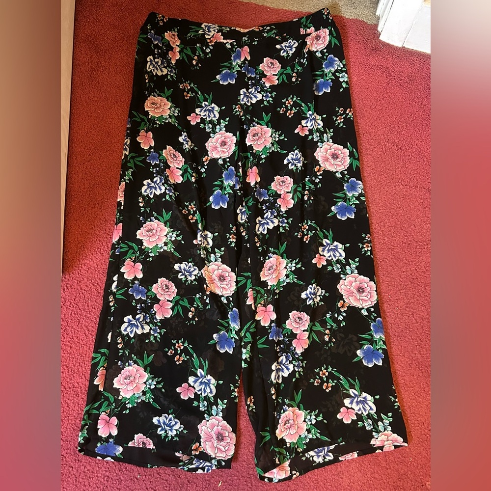 Black Wide-Leg Pant with Pink & Blue Blooms